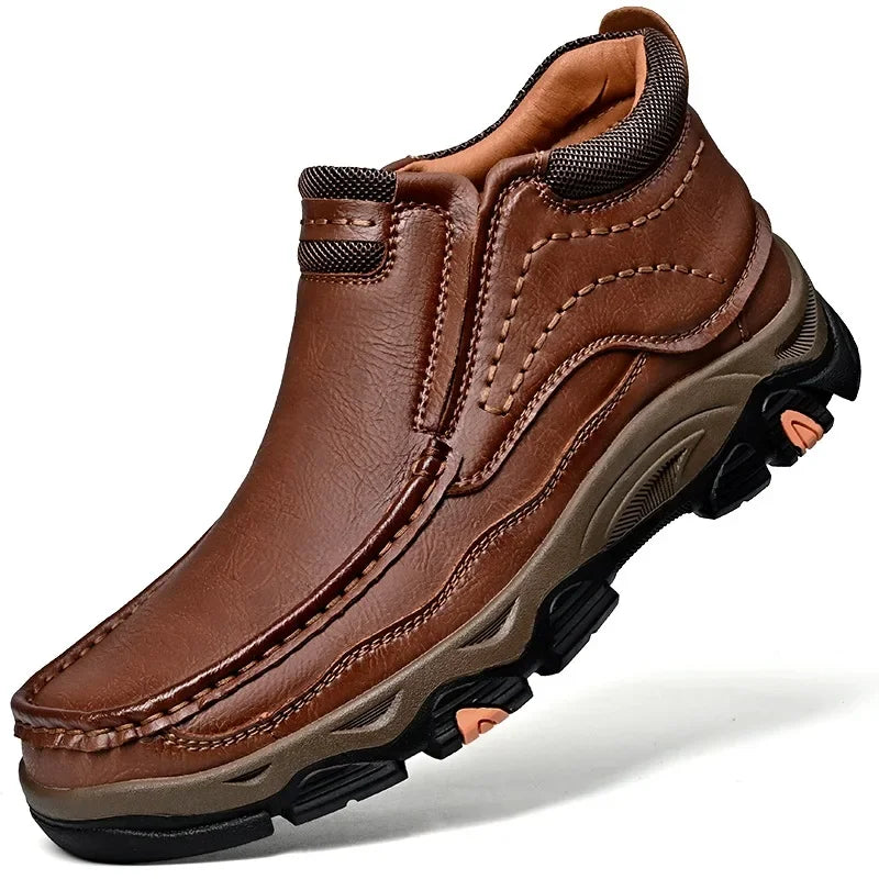 Brown genuine leather men's sports sneakers from Corporación Turística, featuring a sleek design and comfortable fit.