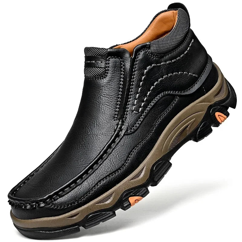 Brown genuine leather men's sports sneakers from Corporación Turística, featuring a sleek design and comfortable fit.
