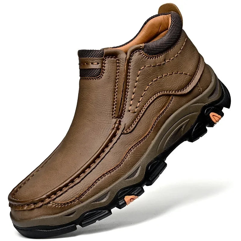Brown genuine leather men's sports sneakers by Corporación Turística, showing stylish design and comfortable fit.