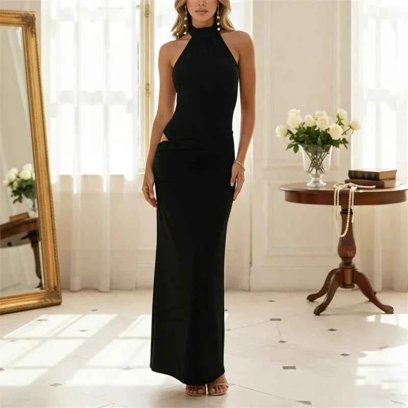Elegant long halter neck sleeveless dress for women in brown by Corporación Turística, featuring a flowing, stylish design.