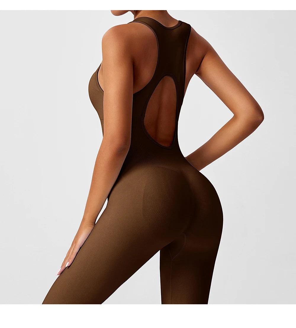 Orange one-piece yoga bodysuit with matching boot from Corporación Turística, featuring a seamless design and comfortable fit.