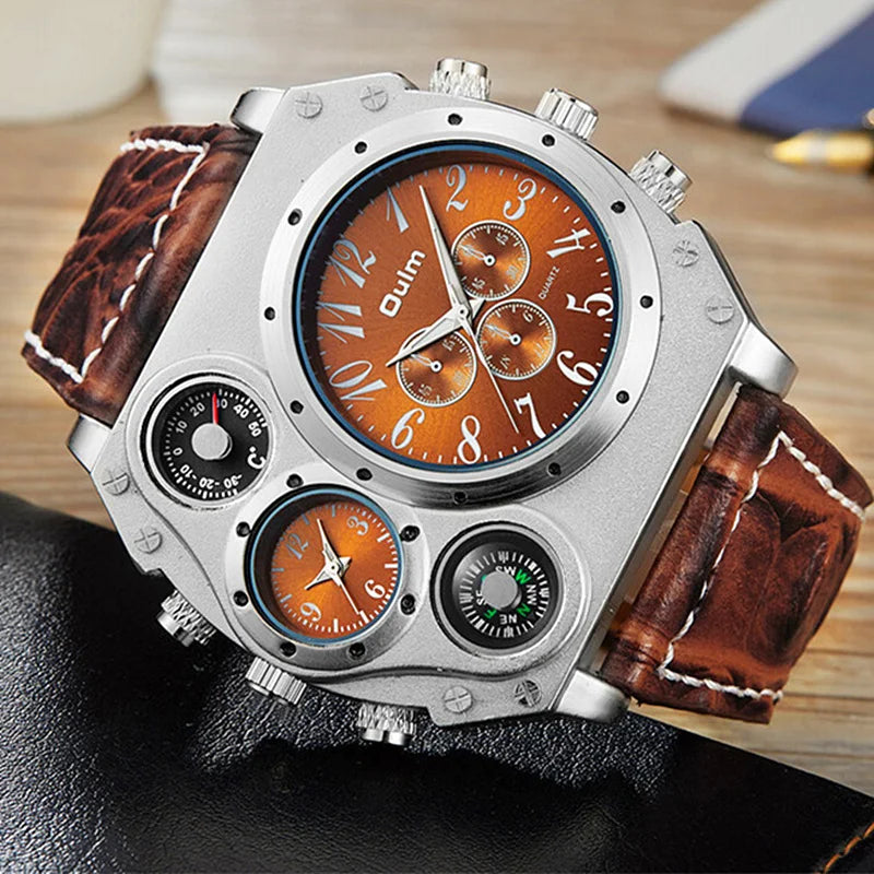 Nuevo modelo OULM hombre reloj de cuarzo con correa marrón, elegante y moderno, visible en primer plano.