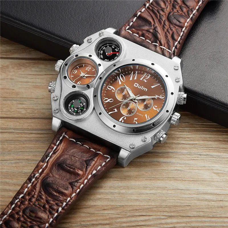 Men's OULM quartz watch with brown strap, new model from Corporación Turística, showcasing the watch face and strap details.