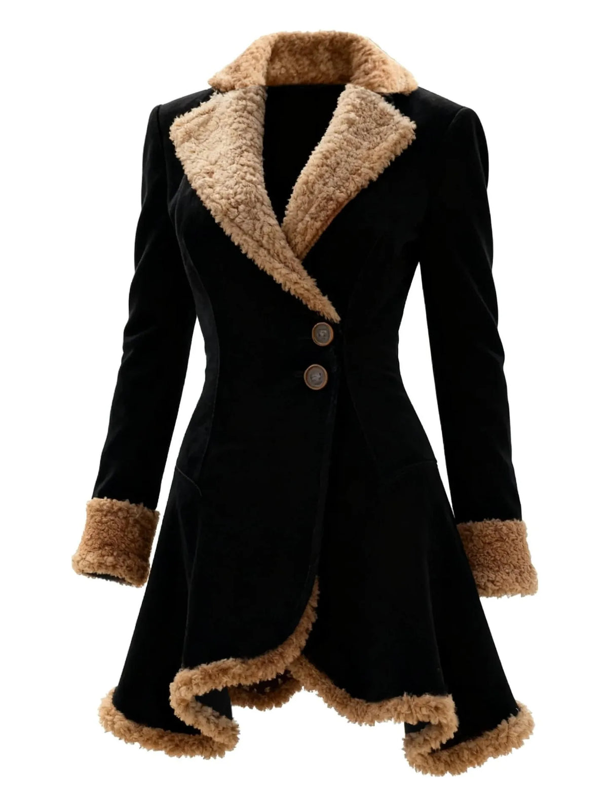 Dark brown women's suede coat with a faux fur collar, stylish and warm, perfect for cold weather.