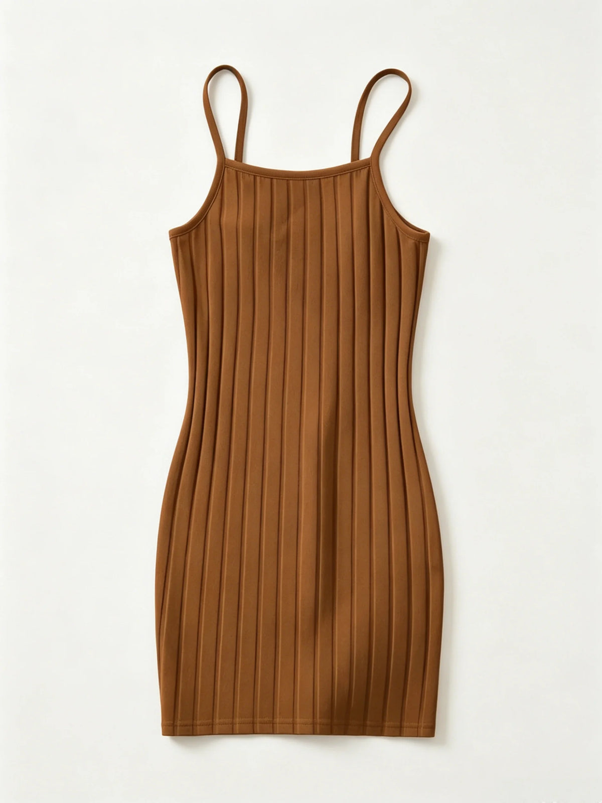 Dark brown fitted ribbed knit mini dress for women, stylish and comfortable, from Corporación Turística, shown on a model.