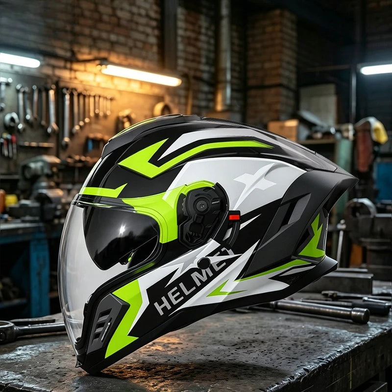 Unisex open-face motorcycle helmet with dual lenses, suitable for four seasons, from Corporación Turística, designed for motorcycling safety.