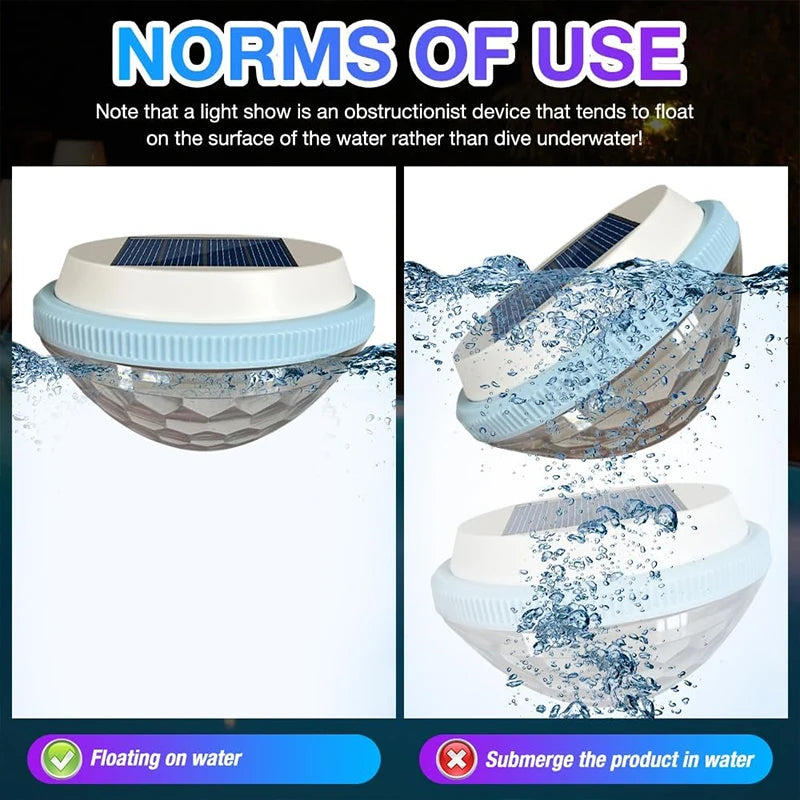 Set of two multicolor solar floating LED lights for pools by Corporación Turística, waterproof and ideal for underwater illumination.
