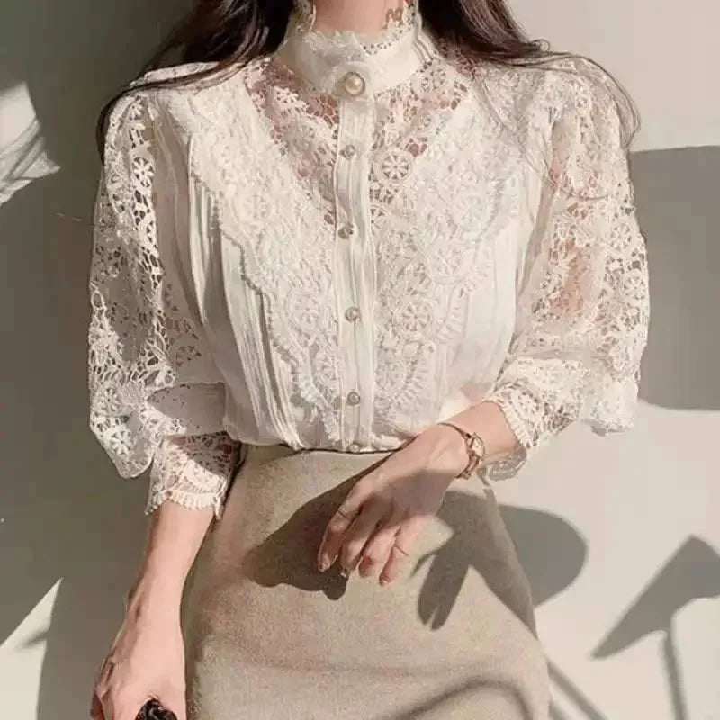 Orange lace blouse with petal-sleeve design for women, featuring intricate lace details and a stylish fit.
