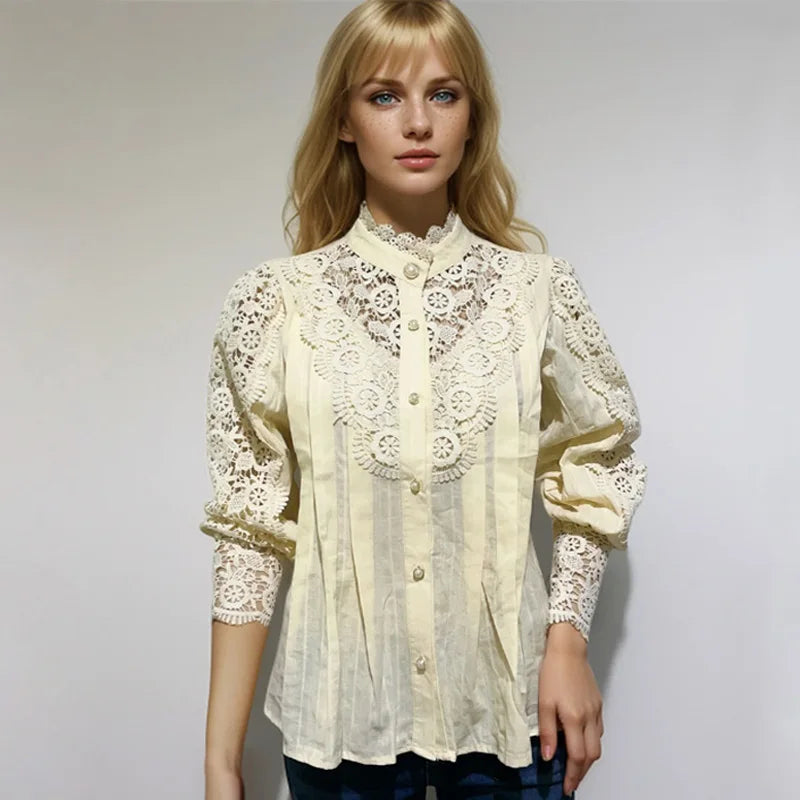 Orange lace blouse for women with petal sleeve design by Corporación Turística, featuring intricate lace details and a relaxed fit.