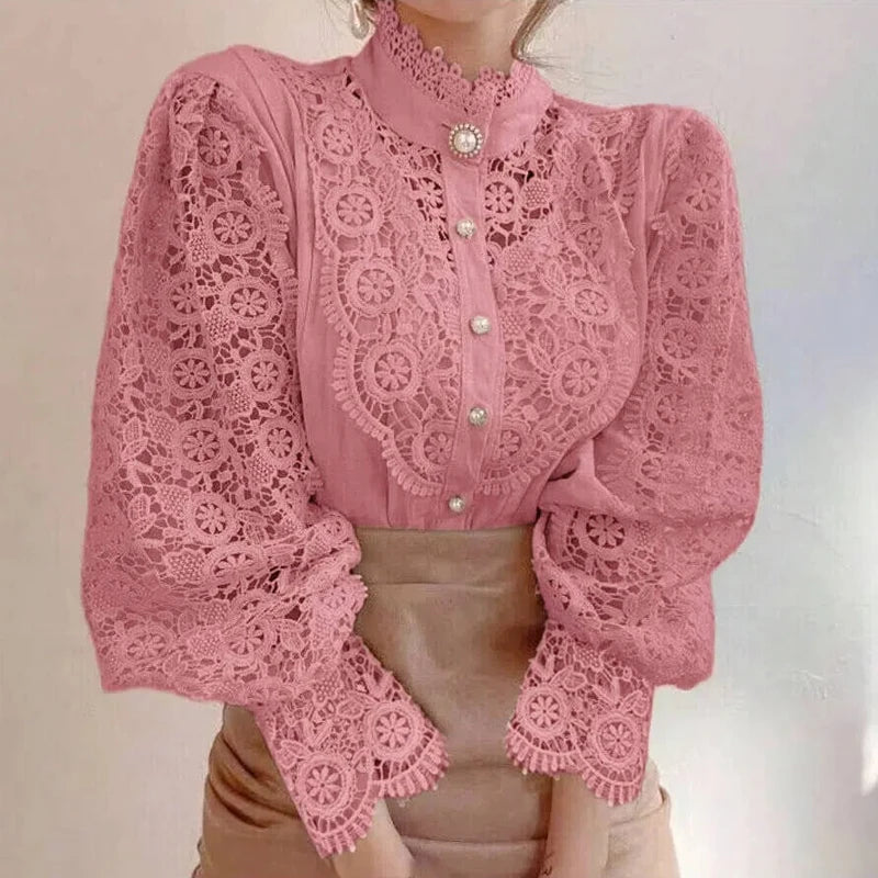 Orange lace blouse with petal-sleeve design for women, featuring intricate lace details and a stylish fit.