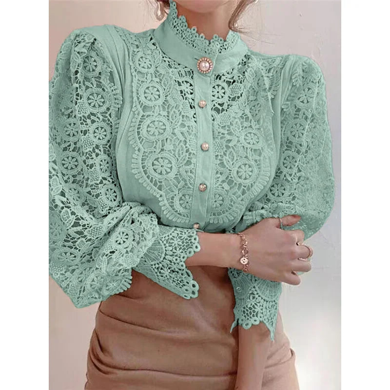 Orange lace blouse with petal sleeves for women, stylish shirt from Corporación Turística, shown on a model.