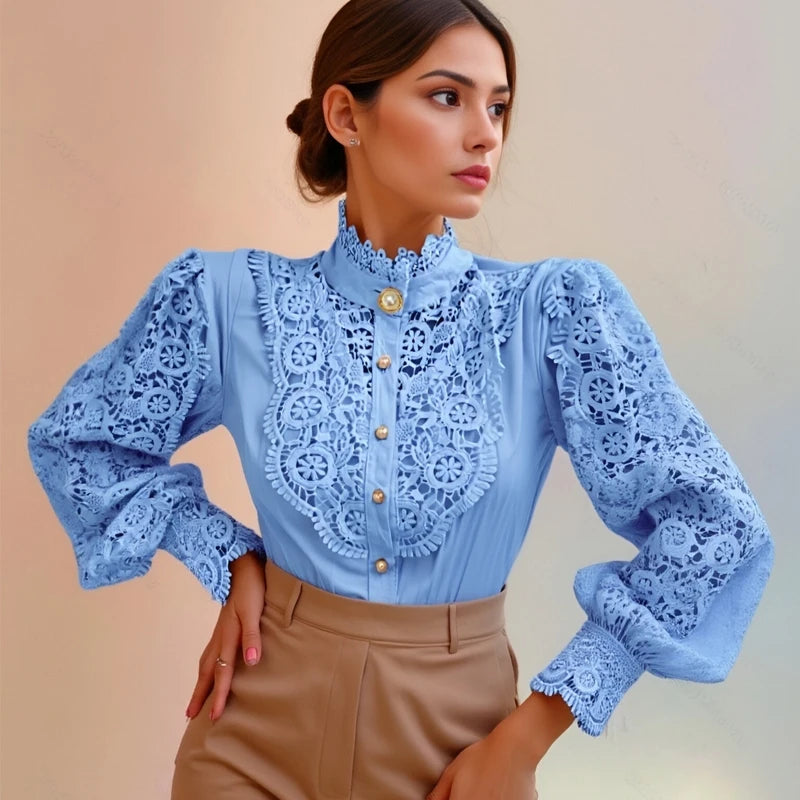 Orange lace blouse for women with petal sleeve design by Corporación Turística, showing detailed lace fabric and feminine style.