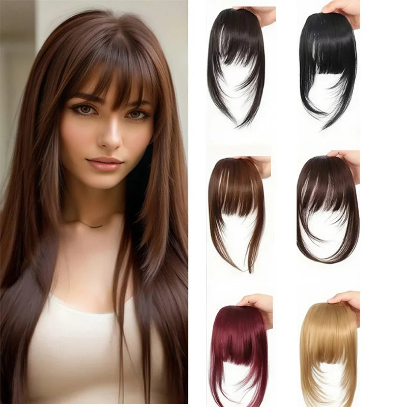 Natural black synthetic hair clip-in bangs for women, featuring 8-inch long, layered fringe styled with a secure clip attachment.