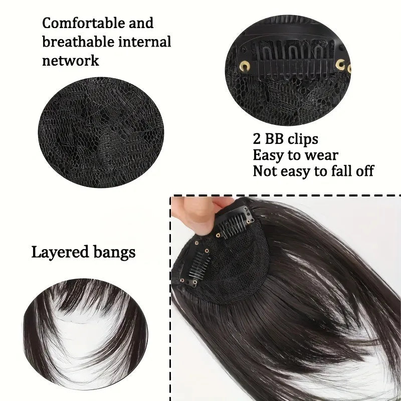 Black synthetic hair clip-in bangs for women, 8-inch faux fringe with easy clip attachment from Corporación Turística.