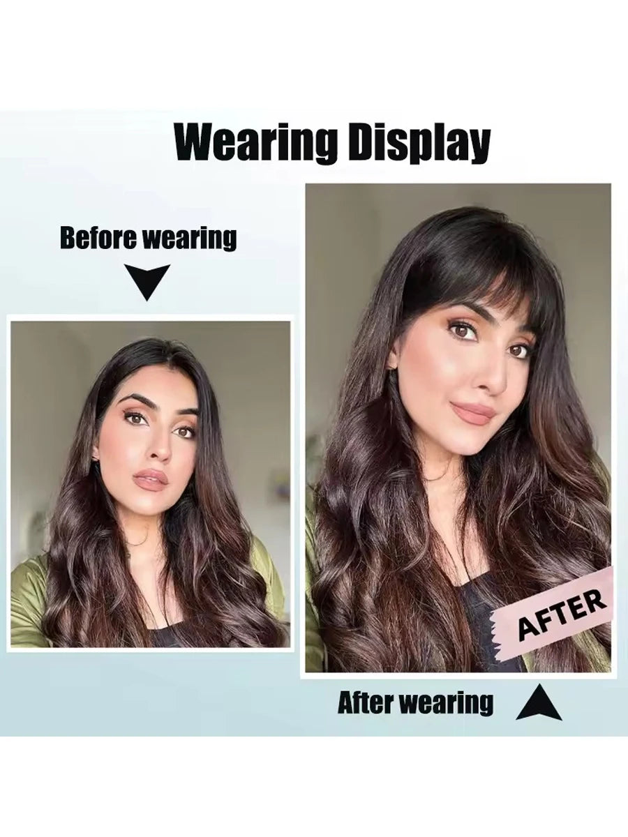 Black synthetic hair clip-in bangs for women, 8-inch fringe with natural-looking, soft, and lightweight hair accessory.