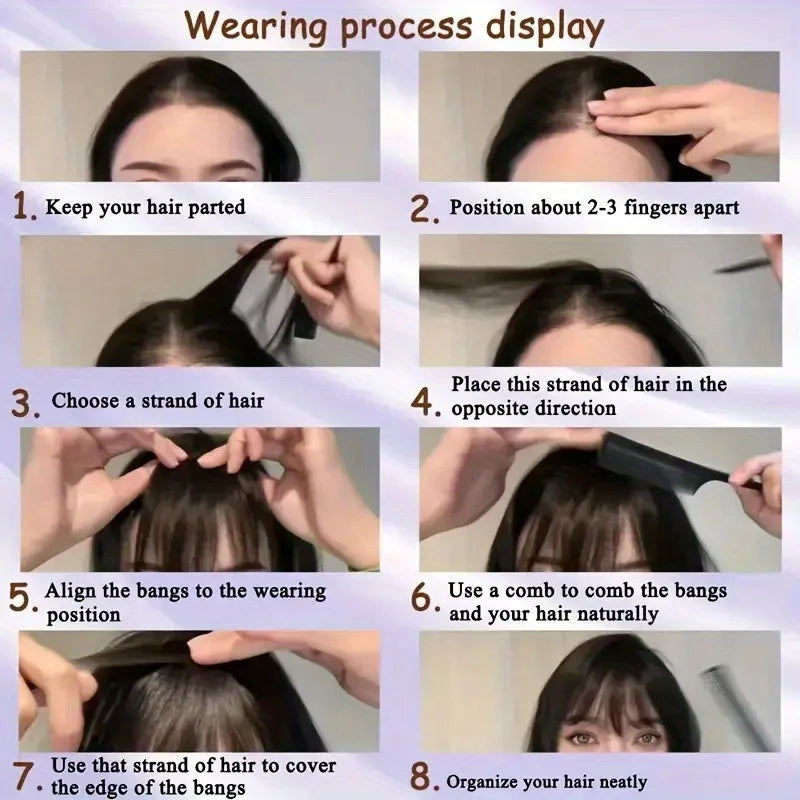 Black synthetic hair clip-in bangs for women, 8 inches long, with natural-looking fringes and easy attachment.