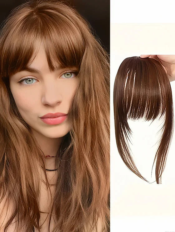 Black synthetic hair clip-in bangs for women, 8 inches long with natural-looking fringes and easy-to-use clip attachment.