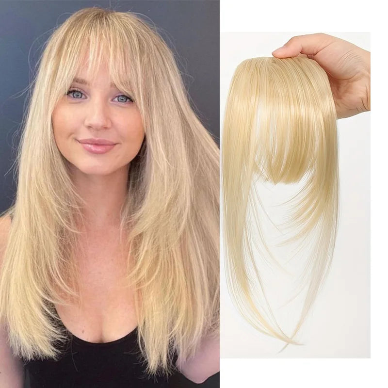 Black synthetic hair clip-in bangs for women, 8 inches long, with natural-looking fringes and easy clip attachment.