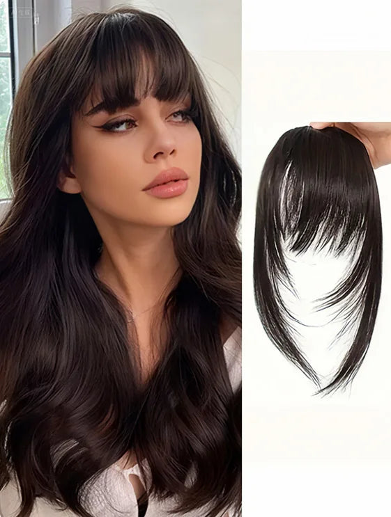 Black synthetic hair clip-in bangs for women, 8 inches long, with natural-looking fringe and easy clip attachment.