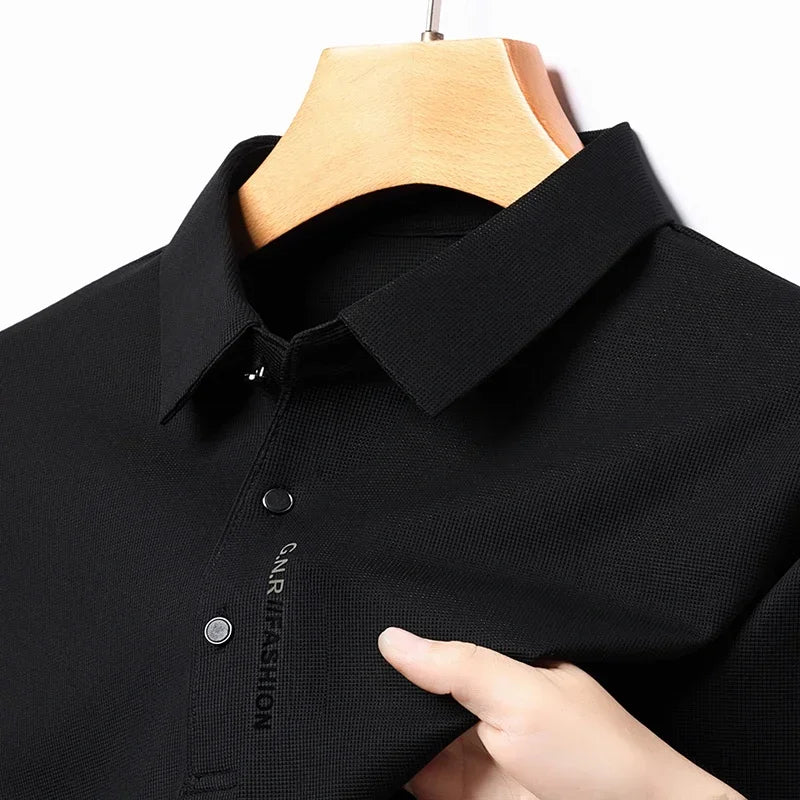 Yellow 2025 Waffle long sleeve men's polo shirt by Corporación Turística, fits 75-92 kg, casual style, detailed fabric texture.