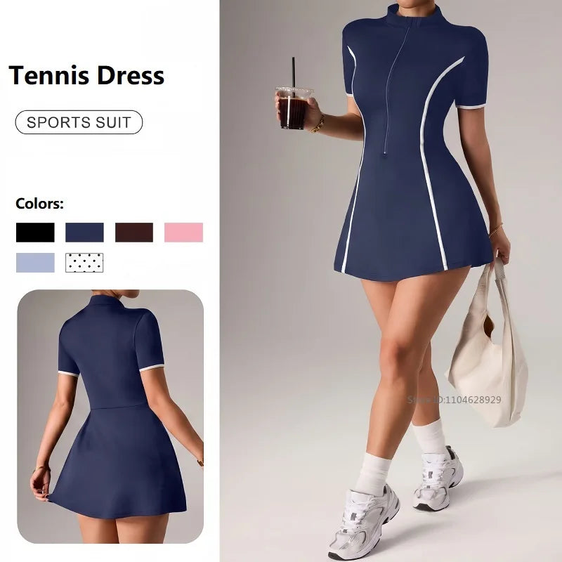 Navy blue women's tennis dress with short sleeves and polo collar by Corporación Turística, ideal for active sportswear.