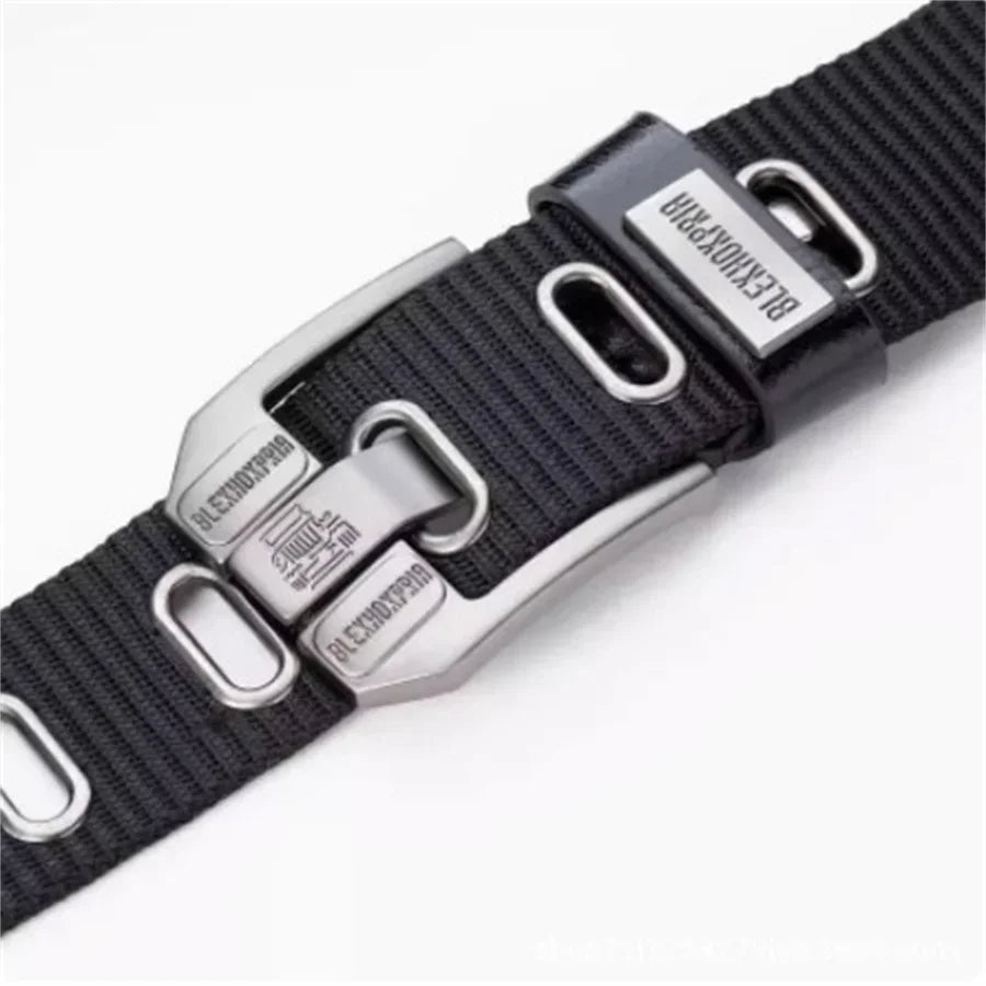Black men's canvas belt with metal buckle, 120cm length, casual accessory by Corporación Turística.