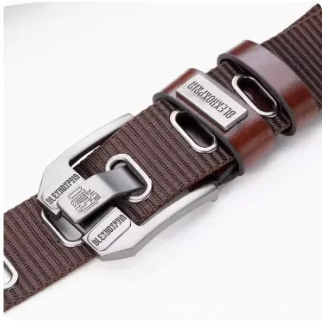 Black men's canvas belt with metal buckle, 120cm length, casual style, durable strap for everyday wear.