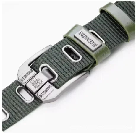 Black men's nylon belt with metal buckle, 120cm length, by Corporación Turística, featuring a durable canvas strap.