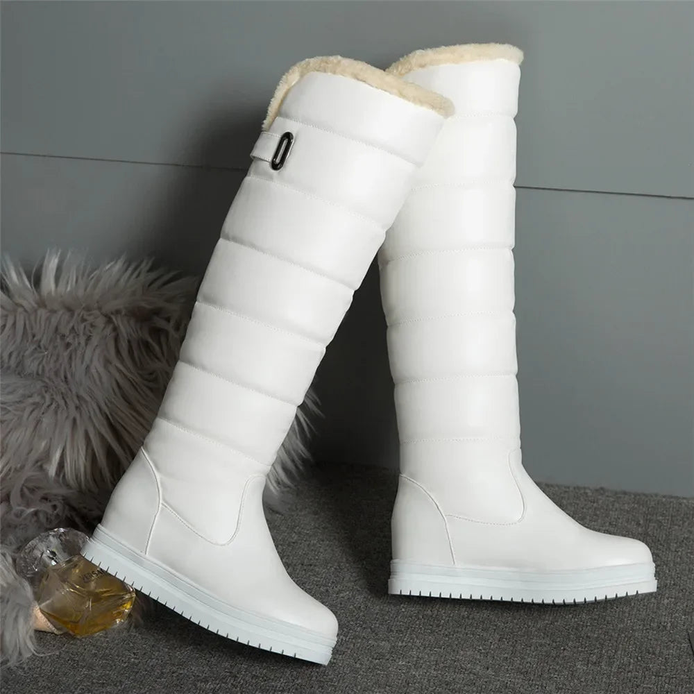 White and warm pink snow boots for women, stylish winter footwear by Corporación Turística, shown in black background.