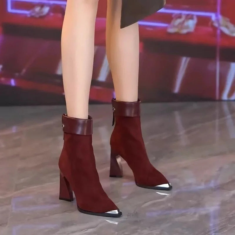 Black high-heeled lace-up ankle boots for women by Corporación Turística, featuring pointed toes and stylish design.