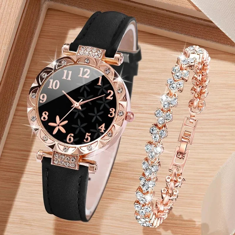 AAARose black leather and rose gold watch set by Corporación Turística, featuring a sleek watch with a black leather strap.