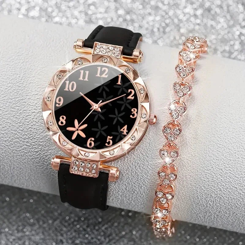 AAARose black leather and rose gold watch set, featuring a stylish watch with a black leather strap and rose gold accents.