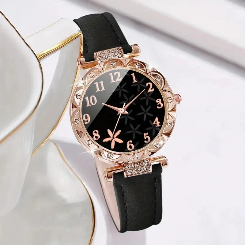 AAARose leather watch set with black strap and rose gold accents, featuring a stylish watch face and matching accessories.