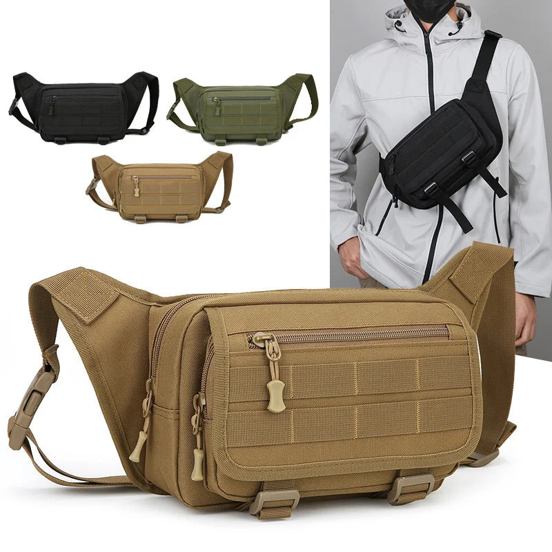 Black tactical chest bag for men, versatile waist pack for outdoor activities, made by Corporación Turística.