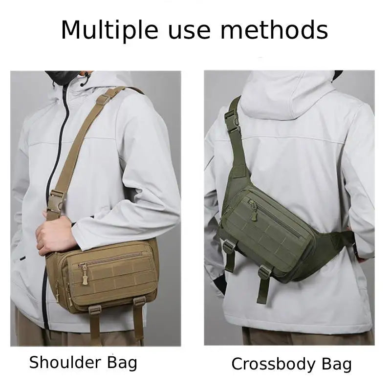 Tactical chest bag for men by Corporación Turística, black waist bag with multiple compartments for outdoor activities and hiking.
