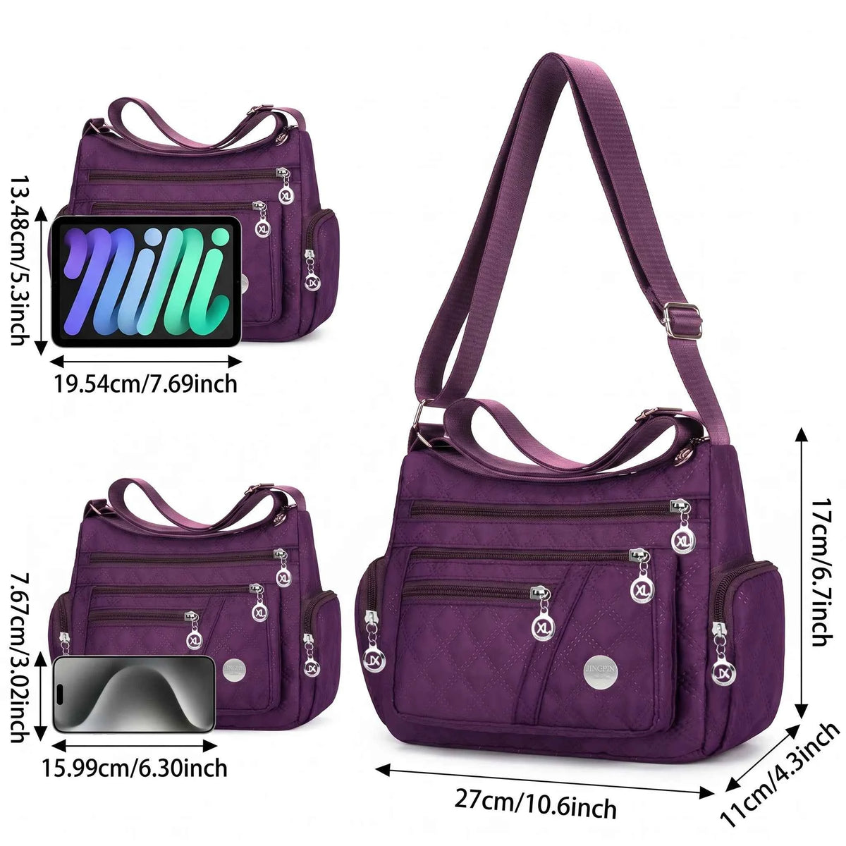 Black nylon padded crossbody bag for women with Pomelo Best branding, featuring a sleek, quilted design and adjustable strap.
