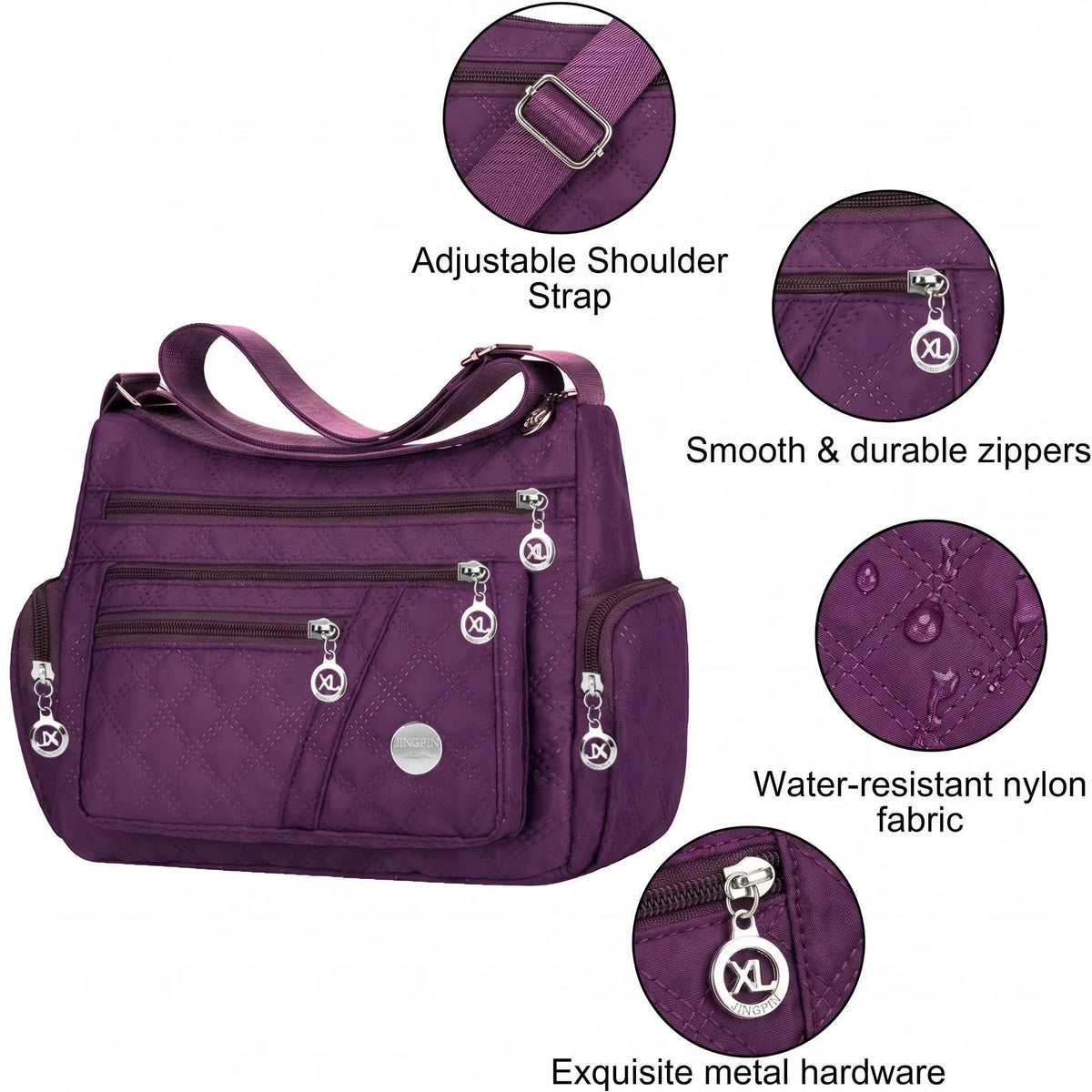 Black nylon quilted crossbody bag for women by Corporación Turística, featuring a sleek, padded design with adjustable strap.