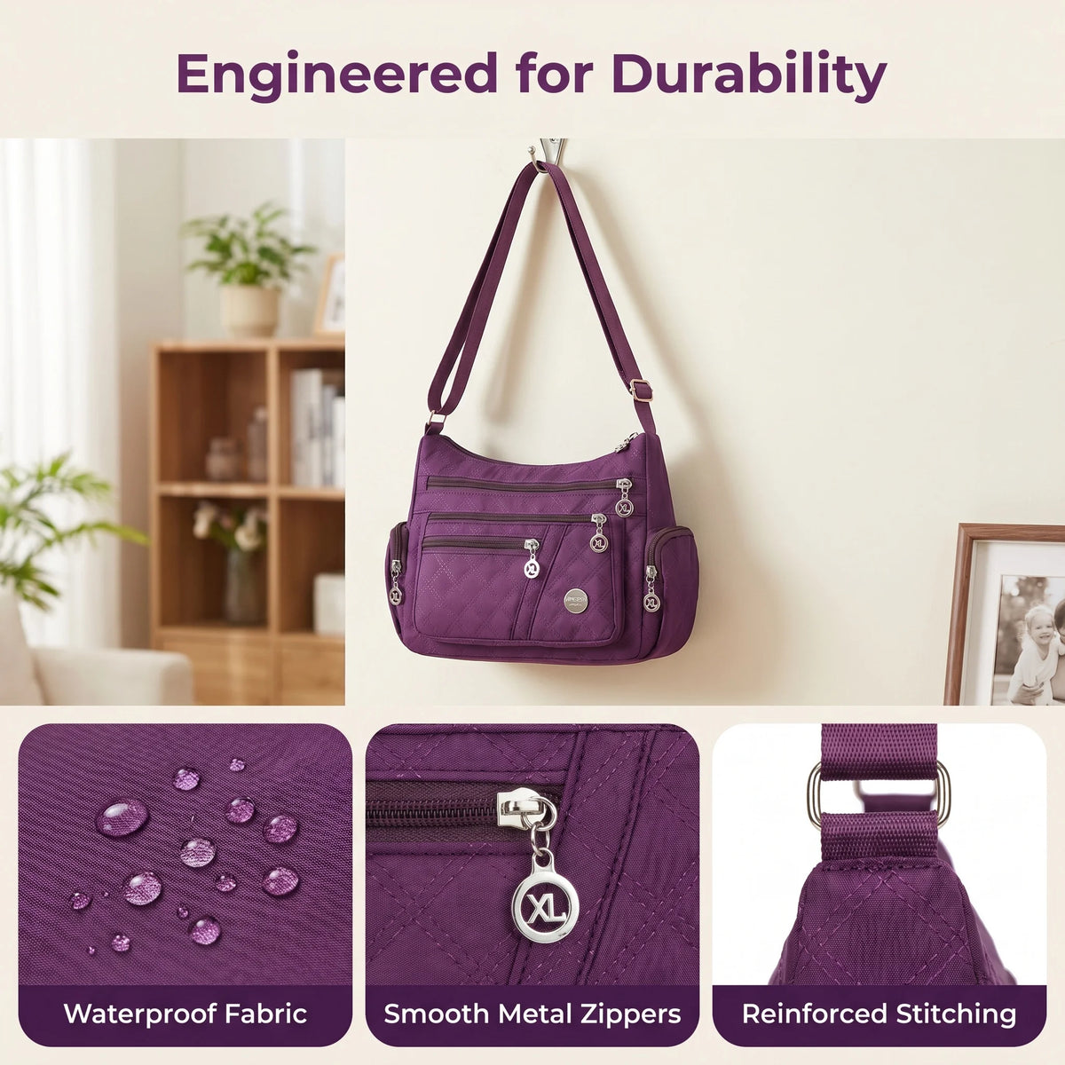 Black nylon padded crossbody bag for women with Pomelo Best branding, featuring a sleek and practical design.