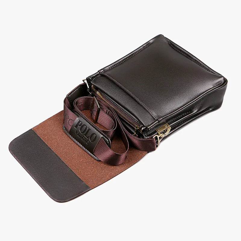Black men's vertical Polo shoulder bag with casual style, featuring multiple compartments and adjustable strap.