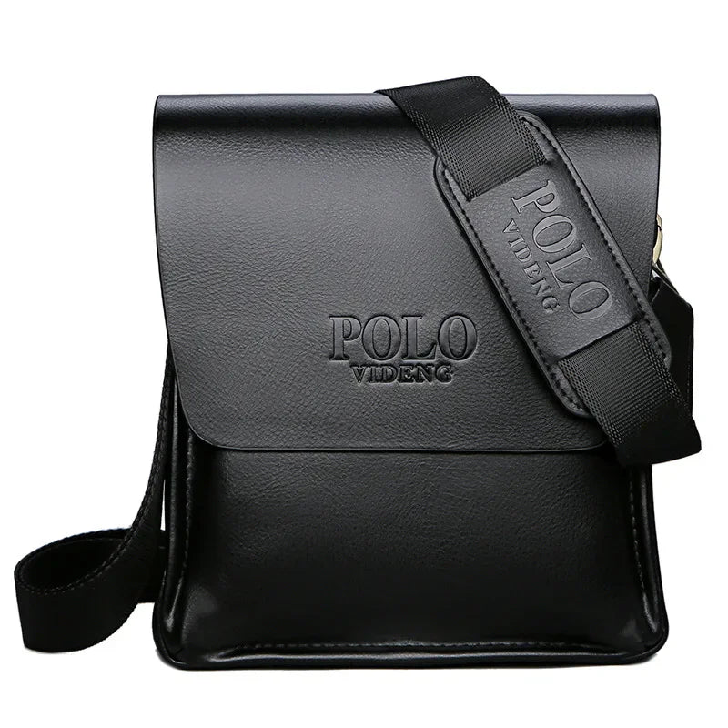 Black vertical Polo men's shoulder bag from Corporación Turística, casual style with adjustable strap and multiple compartments.