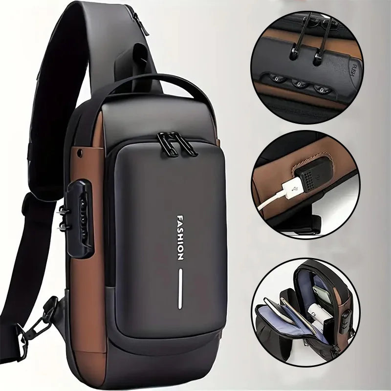 Black anti-theft chest bag for men, modern backpack style by Corporación Turística, featuring secure design and multiple compartments.