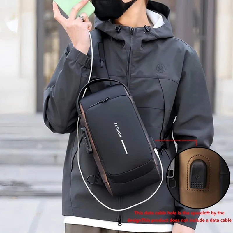 Black anti-theft chest bag for men, modern backpack from Corporación Turística, with secure design and contemporary style.