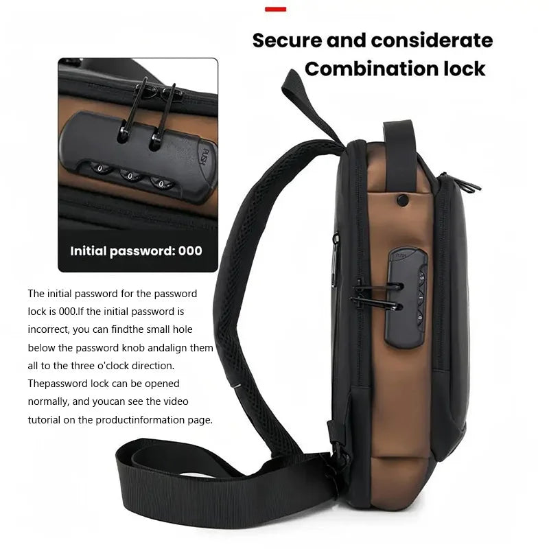 Black men's anti-theft chest bag and modern backpack by Corporación Turística, featuring secure, stylish design for everyday use.