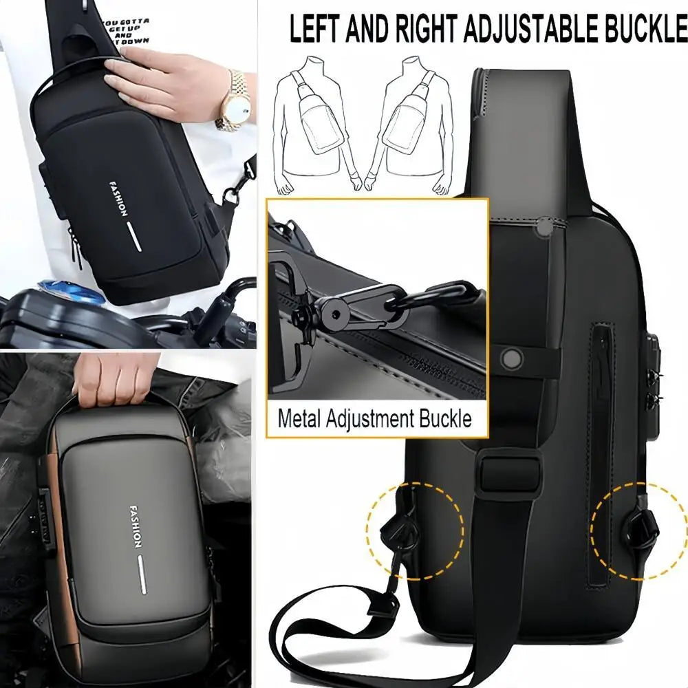 Black anti-theft men's chest bag and modern backpack by Corporación Turística, featuring secure design and multiple compartments.