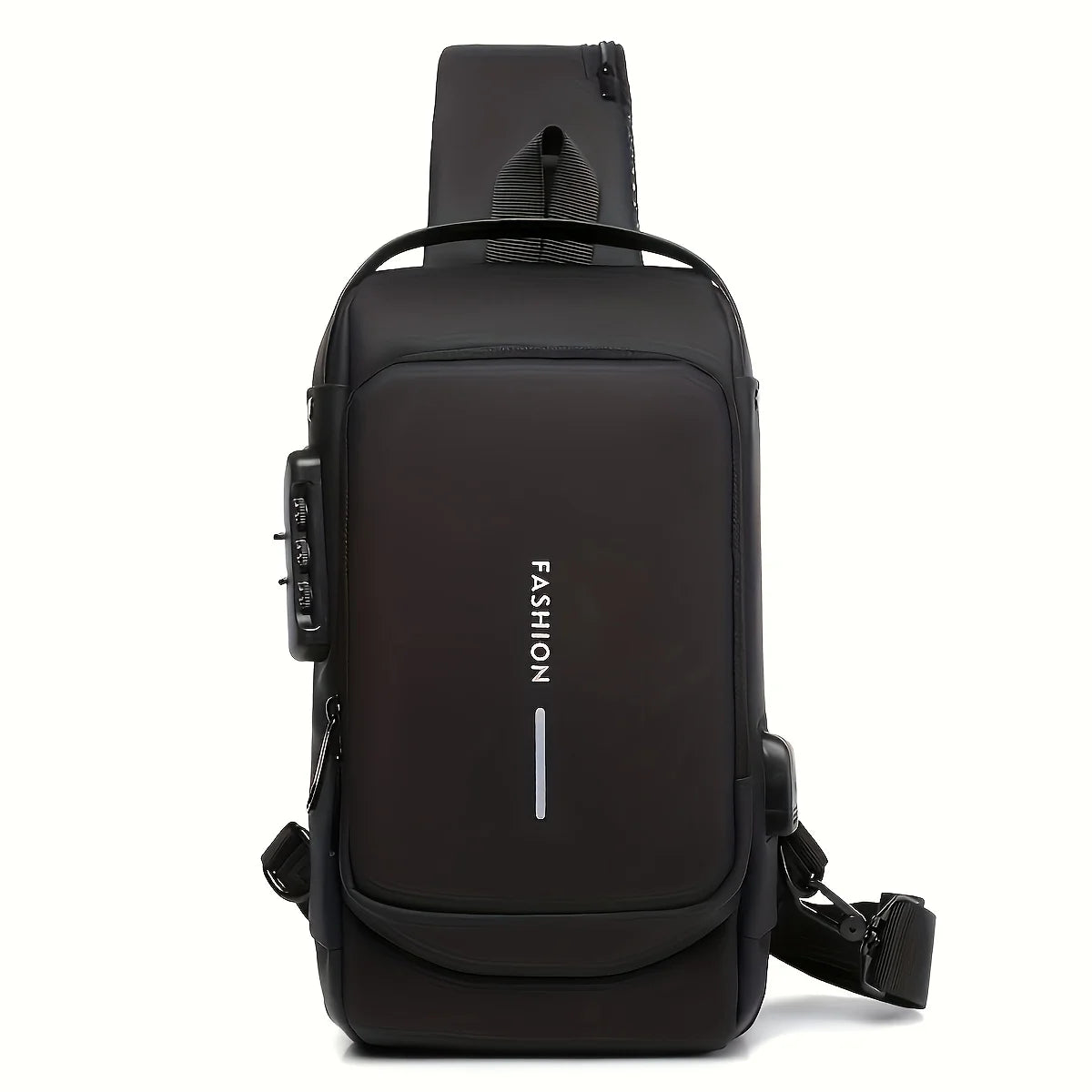 Black men's anti-theft chest bag and modern backpack from Corporación Turística, featuring secure, stylish design for everyday use.