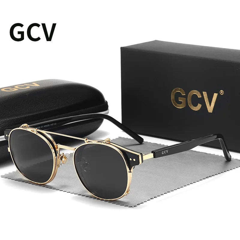 Black and gold GCV sunglasses with removable double-layer lenses, stylish design, by Corporación Turística.