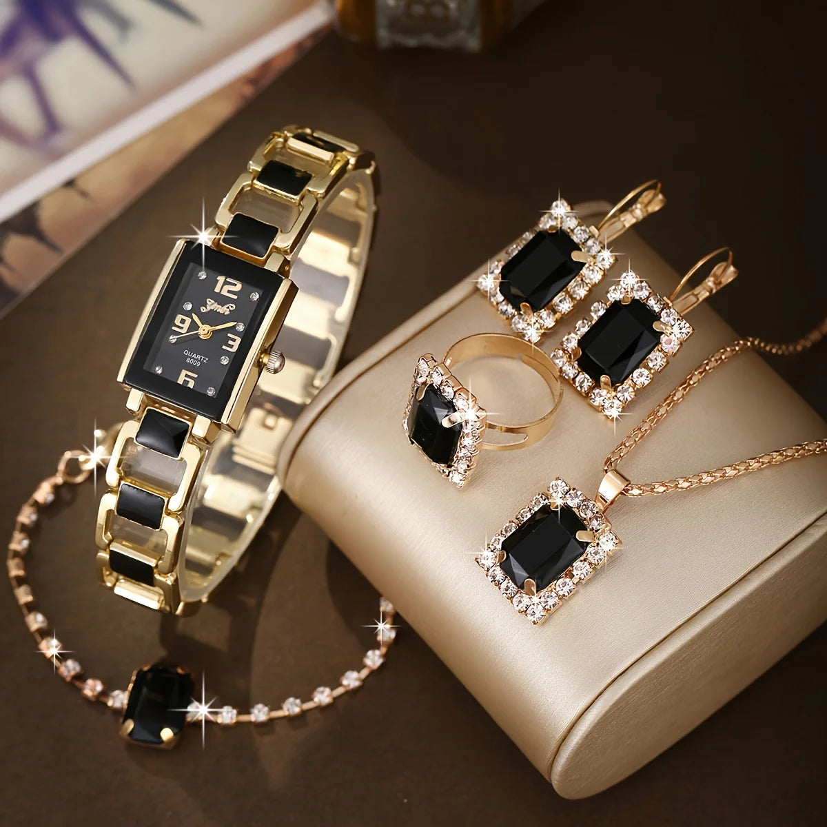 Set of 6 elegant modern women's watches in black by Corporación Turística, casual style with stylish watch faces and straps.