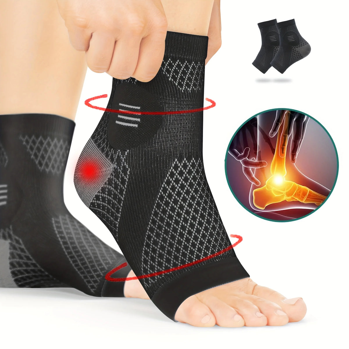 Pair of black open-toe ankle compression sleeves by Corporación Turística for improved support and circulation.
