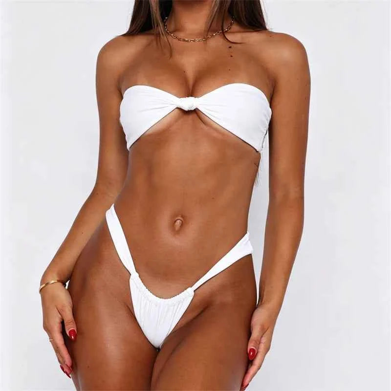 Black women's bikini bandeau swimsuit set by Corporación Turística, featuring a stylish and comfortable two-piece swimwear.