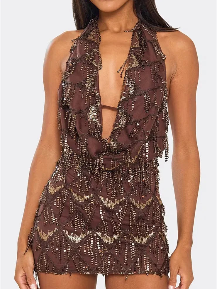 Black sequin mini halter dress for women featuring a halter neckline, stylish and elegant for special occasions.